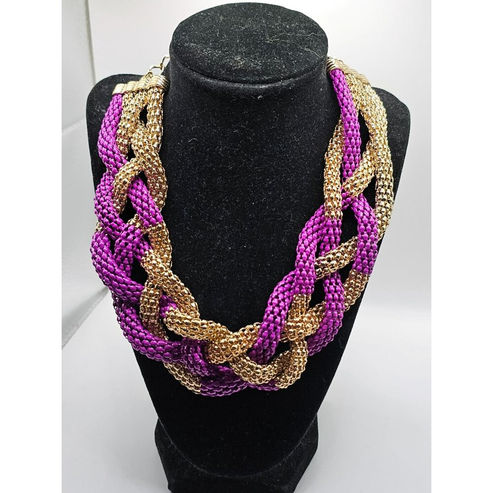 Braided Gold & Purple Necklace Vintage-Inspired Statement Jewelry Adjustable Cla